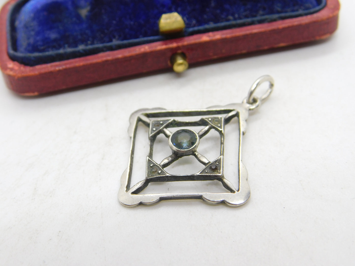 Edwardian Sterling Silver, Topaz & Spinel Set Lavalier Drop Pendant c1910