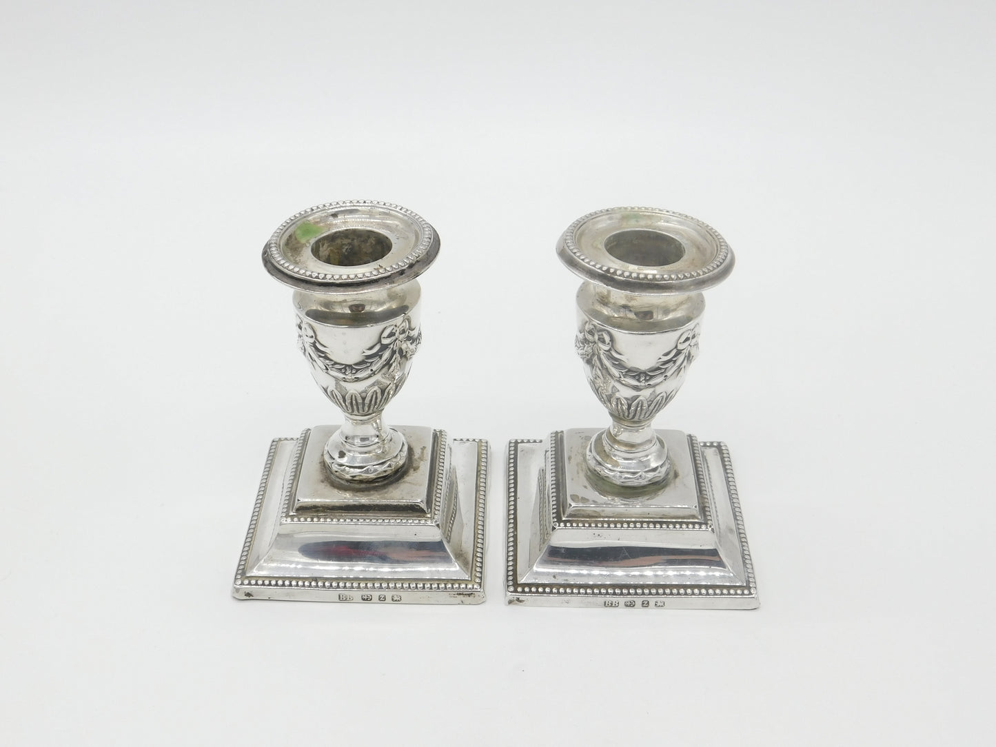 Pair of Victorian Sterling Silver Swag & Bow Candlesticks 1899 Birmingham