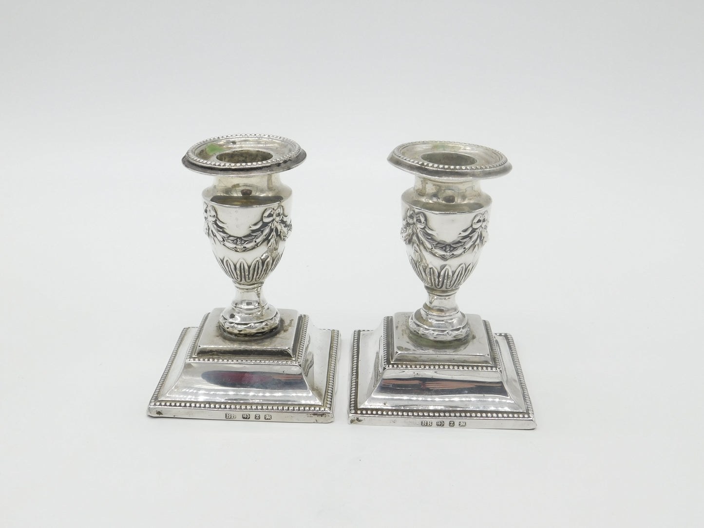 Pair of Victorian Sterling Silver Swag & Bow Candlesticks 1899 Birmingham