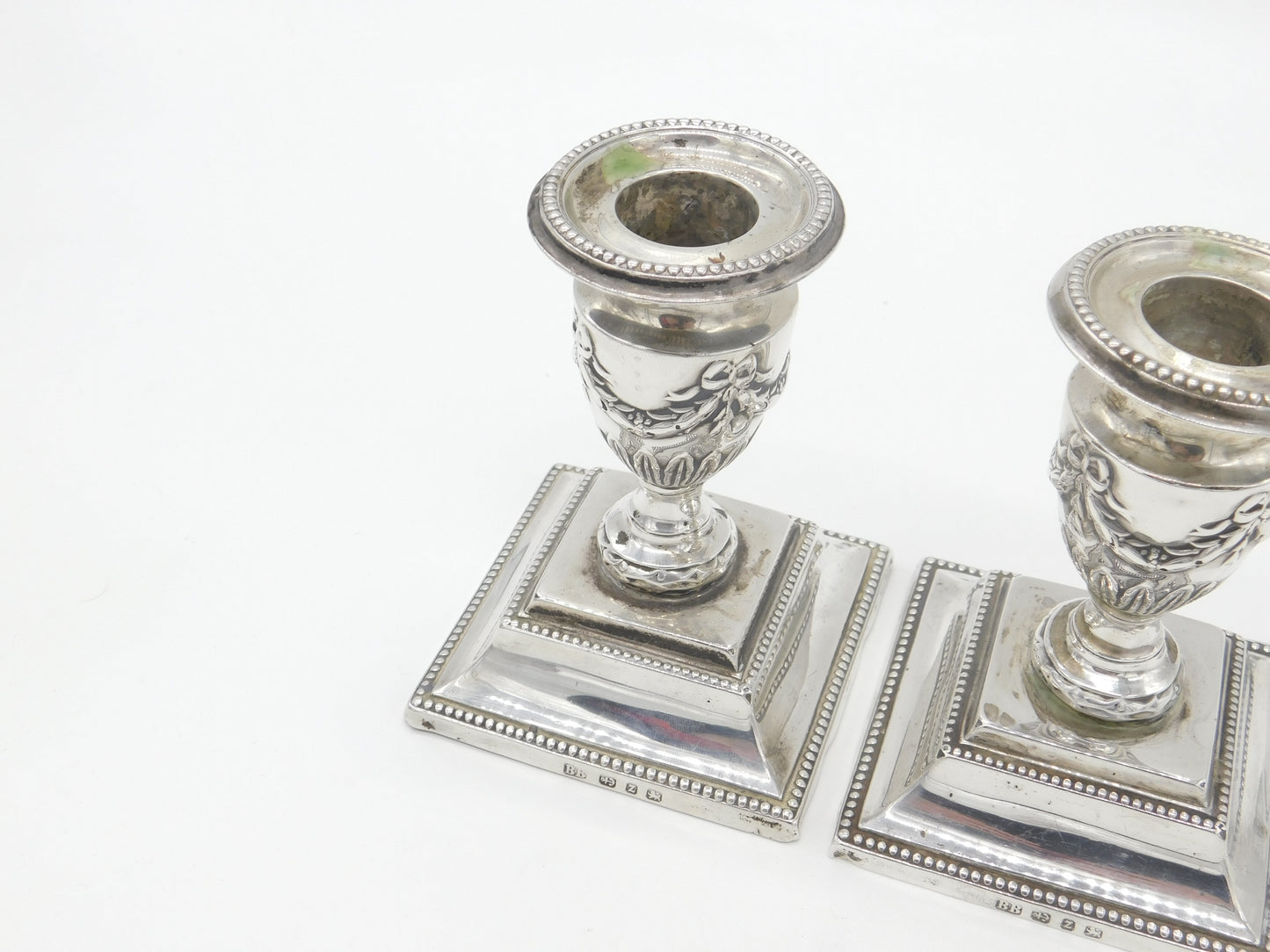 Pair of Victorian Sterling Silver Swag & Bow Candlesticks 1899 Birmingham