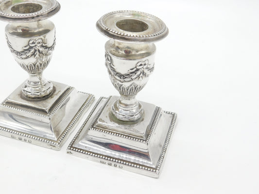 Pair of Victorian Sterling Silver Swag & Bow Candlesticks 1899 Birmingham