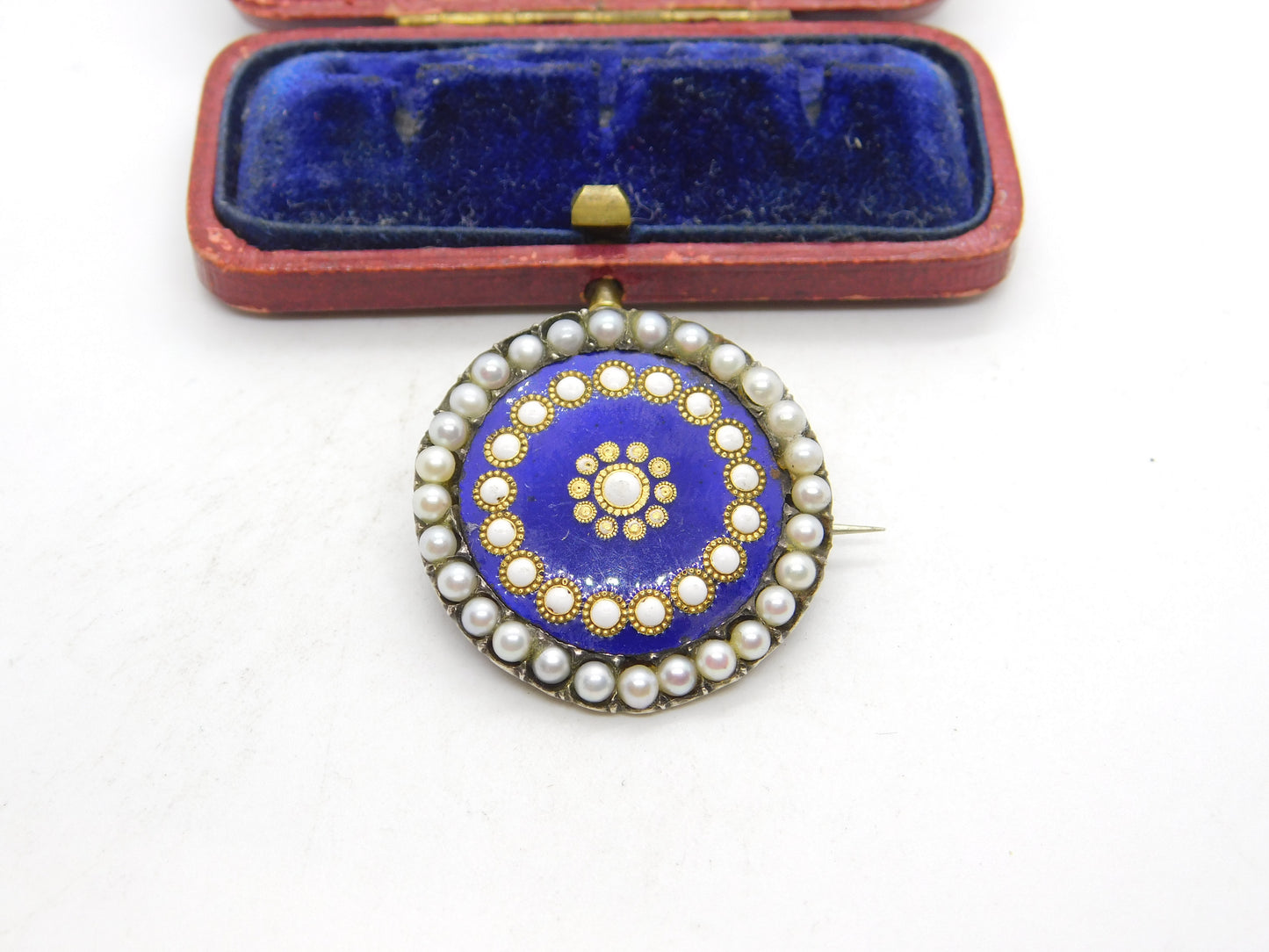 Early Victorian Sterling Silver, Enamel & Seed Pearl Floral Brooch c1840 Antique