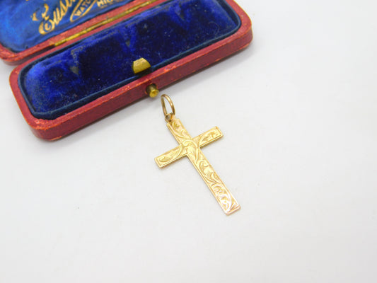 Fern Leaf Pattern 9ct Yellow Gold Cross Pendant Antique Victorian c1890