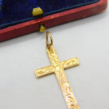 Fern Leaf Pattern 9ct Yellow Gold Cross Pendant Antique Victorian c1890