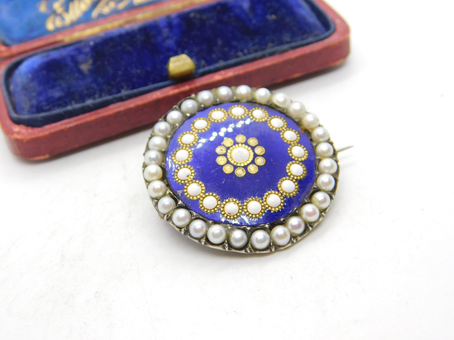 Early Victorian Sterling Silver, Enamel & Seed Pearl Floral Brooch c1840 Antique