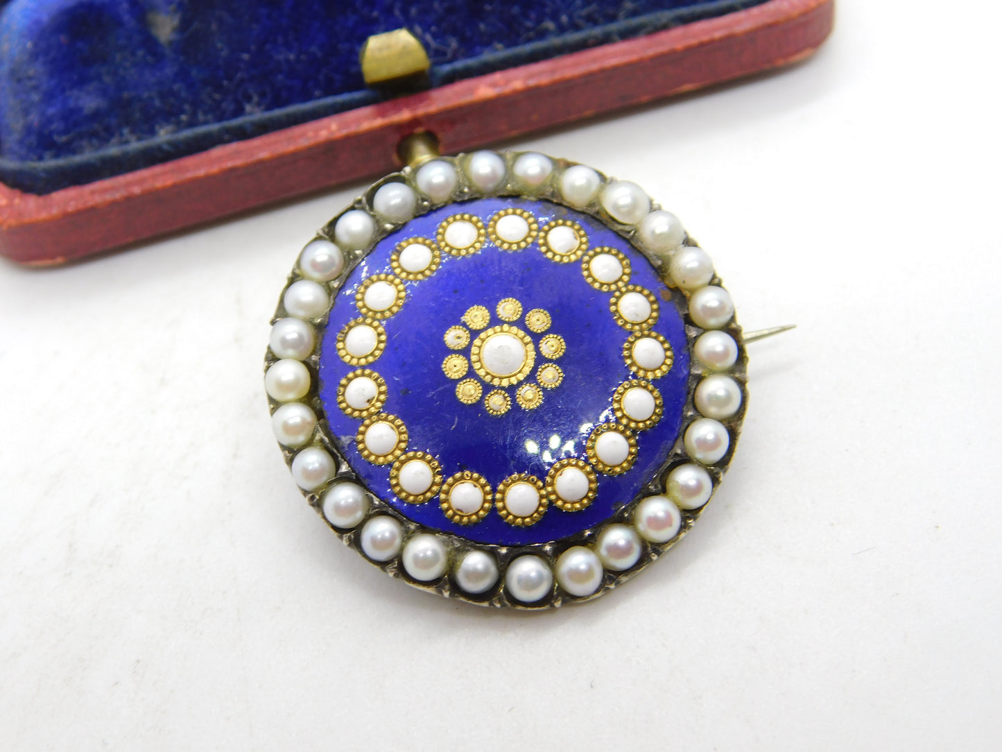 Early Victorian Sterling Silver, Enamel & Seed Pearl Floral Brooch c1840 Antique