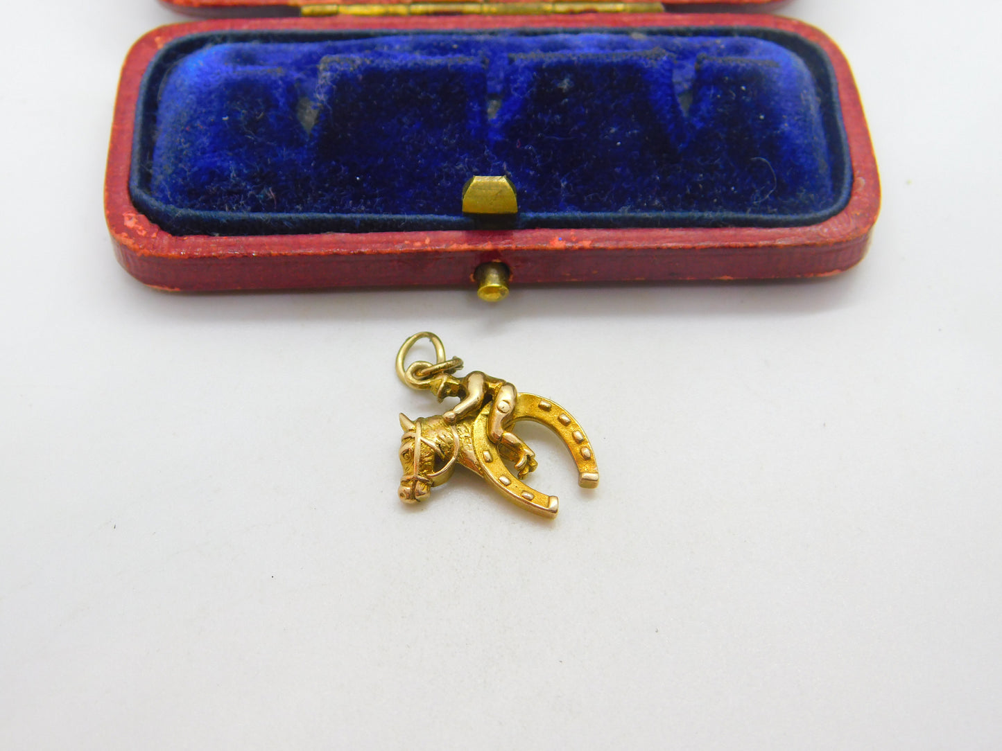 9ct Gold Racing Jockey Riding Lucky Horse Shoe English Charm Pendant Vintage