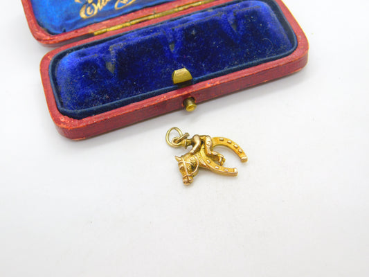 9ct Gold Racing Jockey Riding Lucky Horse Shoe English Charm Pendant Vintage