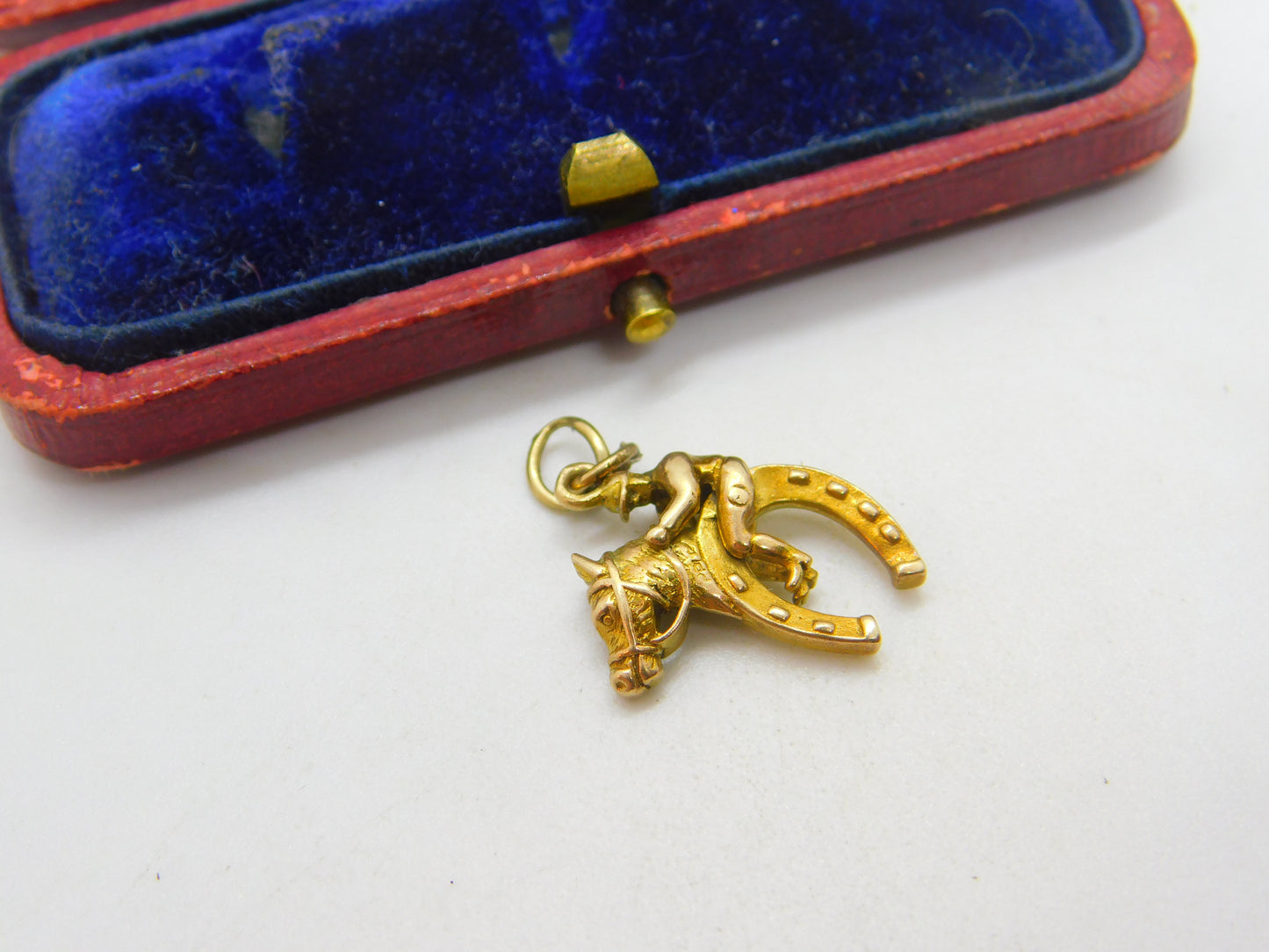 9ct Gold Racing Jockey Riding Lucky Horse Shoe English Charm Pendant Vintage