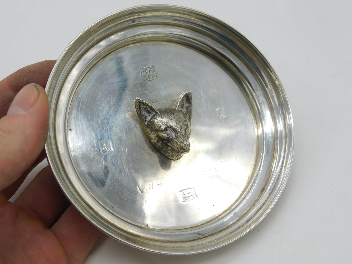 Sterling SIlver Fox Mask Ashtray VWH Hunt Service Engraving Vintage 1973