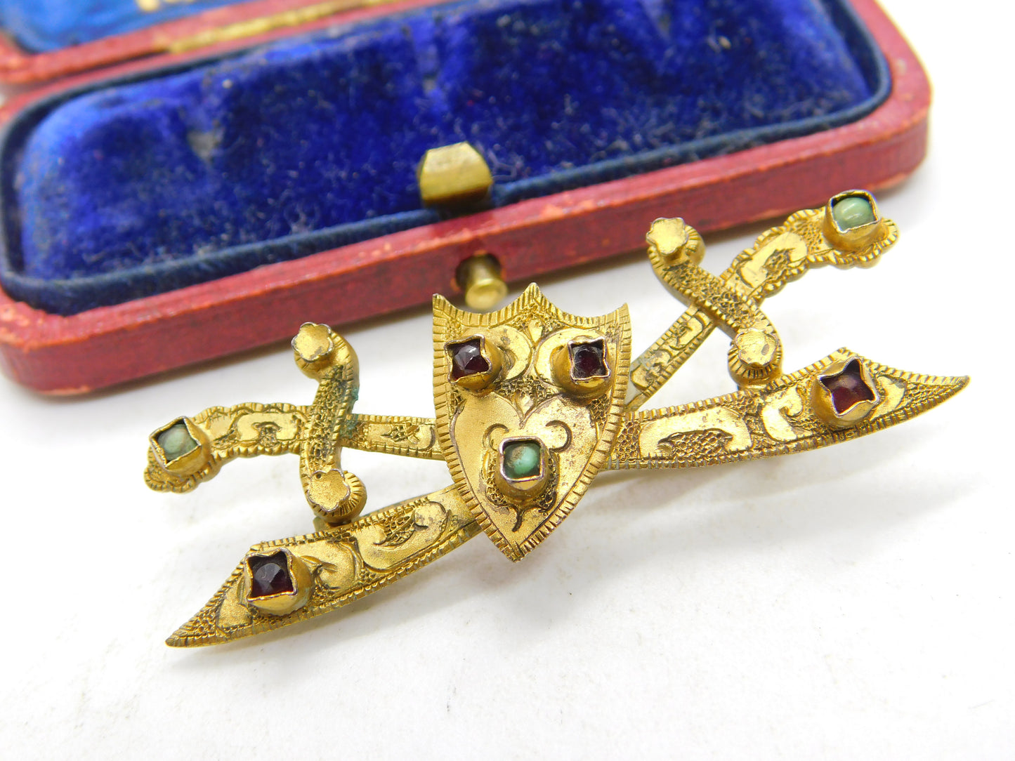 Victorian Pinchbeck, Turquoise & Garnet Set Cross Sword Brooch c1880