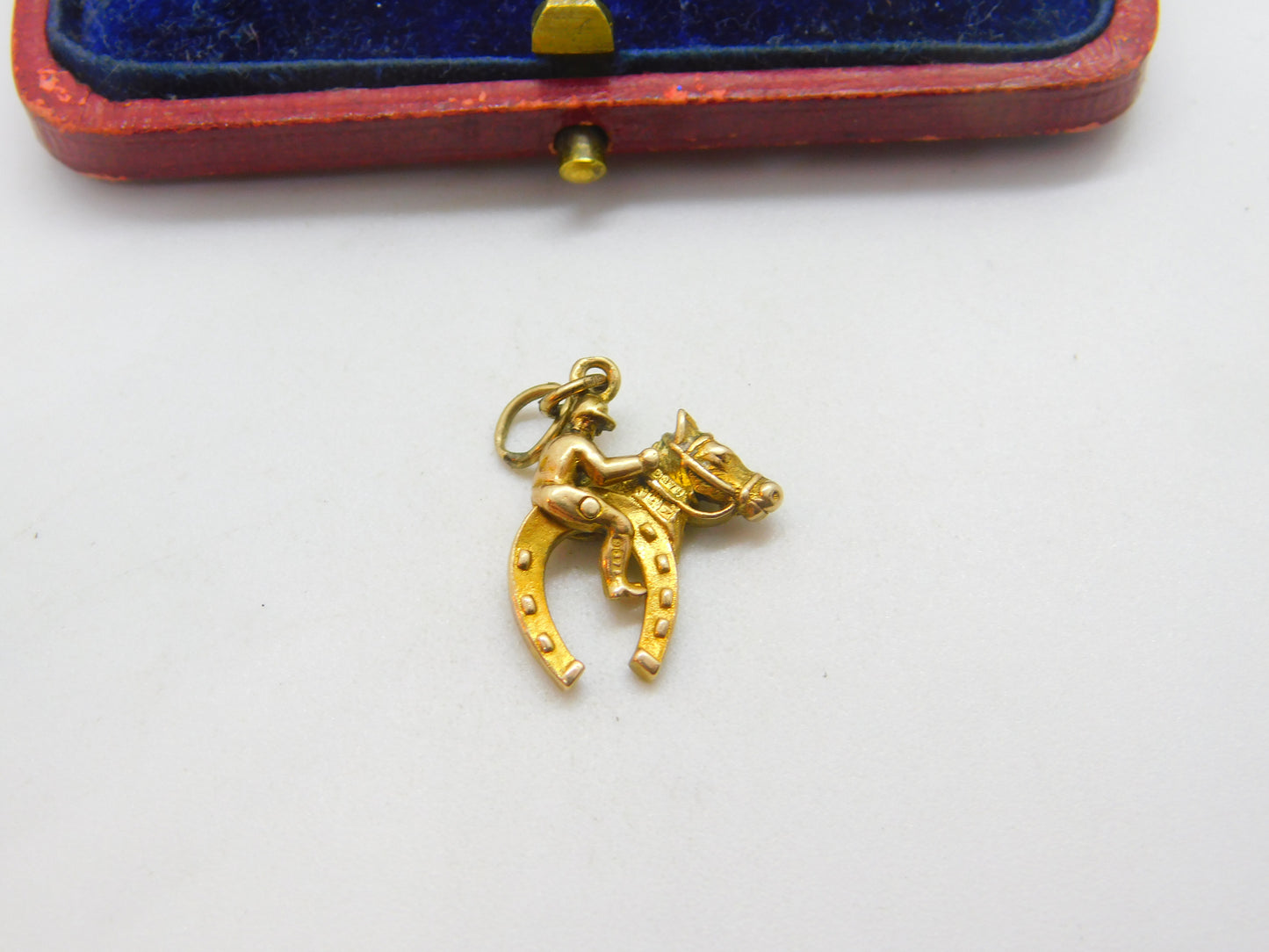 9ct Gold Racing Jockey Riding Lucky Horse Shoe English Charm Pendant Vintage