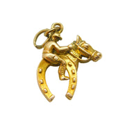 9ct Gold Racing Jockey Riding Lucky Horse Shoe English Charm Pendant Vintage