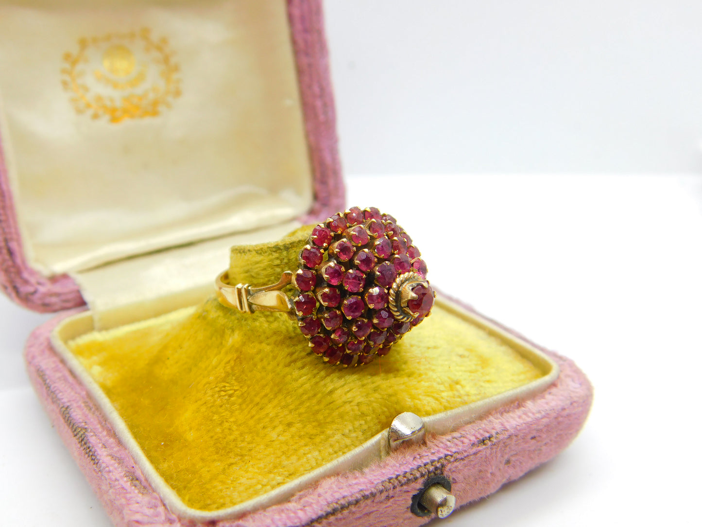 14ct Yellow Gold Ruby Set Pagoda Floral Cluster Ring Antique c1930 Art Deco