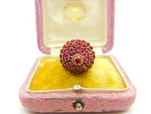 14ct Yellow Gold Ruby Set Pagoda Floral Cluster Ring Antique c1930 Art Deco