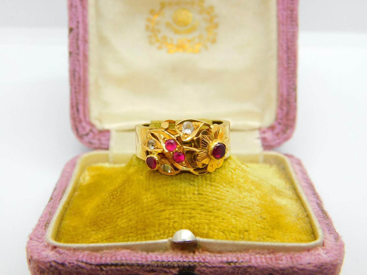 Victorian Indian 22ct Yellow Gold, Ruby & Diamond Floral Ring Antique c1900