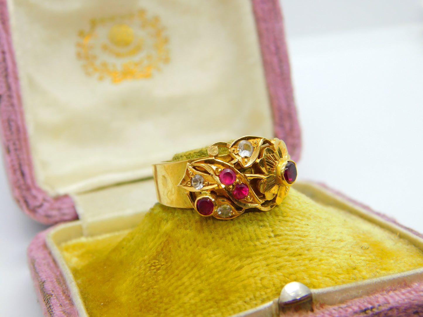 Victorian Indian 22ct Yellow Gold, Ruby & Diamond Floral Ring Antique c1900