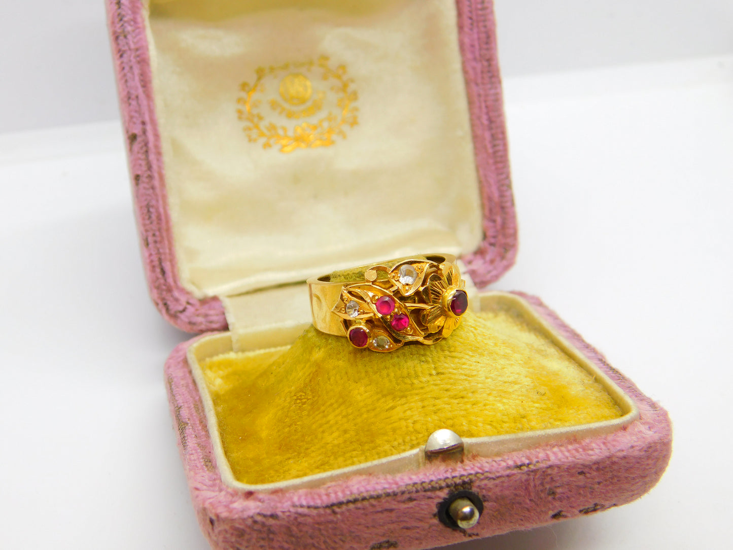 Victorian Indian 22ct Yellow Gold, Ruby & Diamond Floral Ring Antique c1900