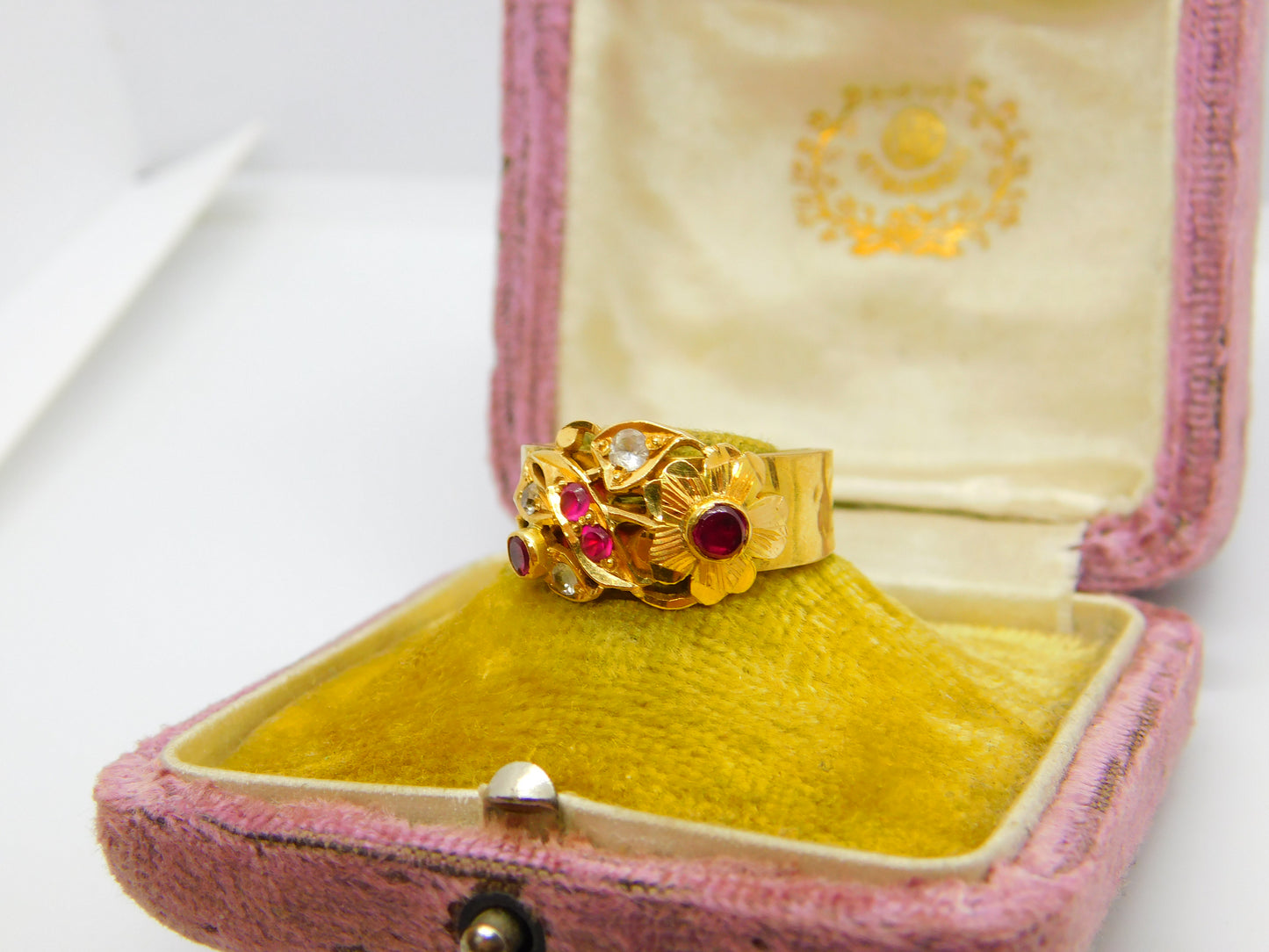 Victorian Indian 22ct Yellow Gold, Ruby & Diamond Floral Ring Antique c1900