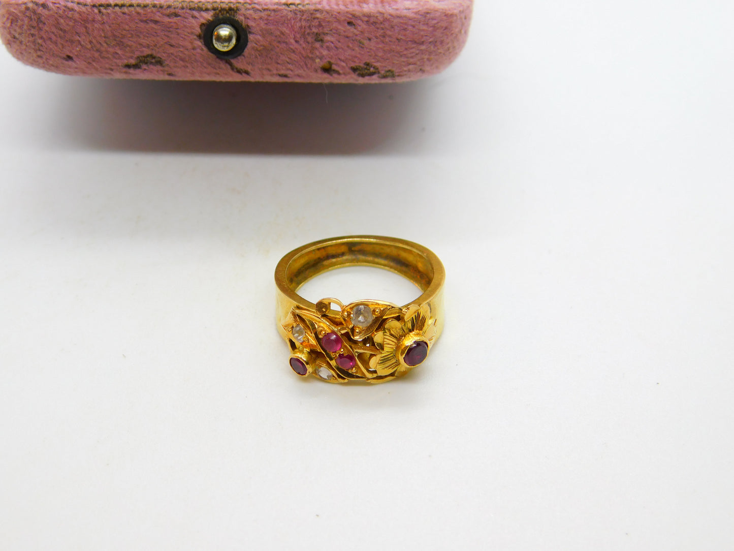 Victorian Indian 22ct Yellow Gold, Ruby & Diamond Floral Ring Antique c1900