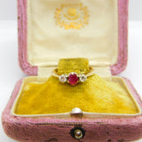 9ct Yellow Gold, Ruby & 0.2ct Diamond Band Ring 1987 London Vintage