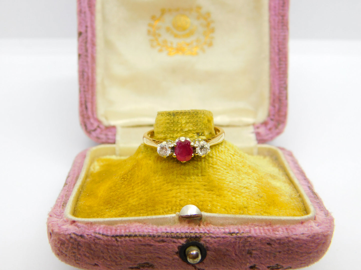 9ct Yellow Gold, Ruby & 0.2ct Diamond Band Ring 1987 London Vintage