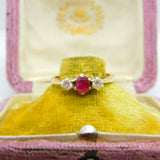 9ct Yellow Gold, Ruby & 0.2ct Diamond Band Ring 1987 London Vintage