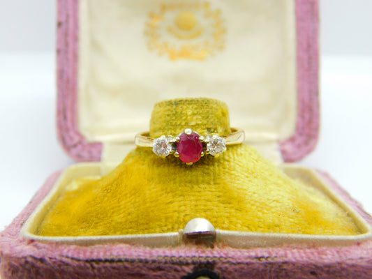 9ct Yellow Gold, Ruby & 0.2ct Diamond Band Ring 1987 London Vintage