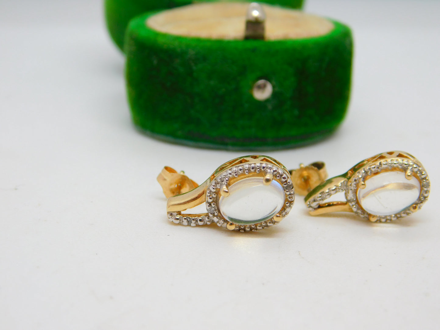 14ct Yellow Gold, Cabochon Moonstone & Diamond Stud Earrings Vintage c1980