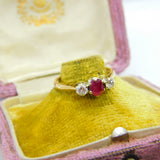 9ct Yellow Gold, Ruby & 0.2ct Diamond Band Ring 1987 London Vintage