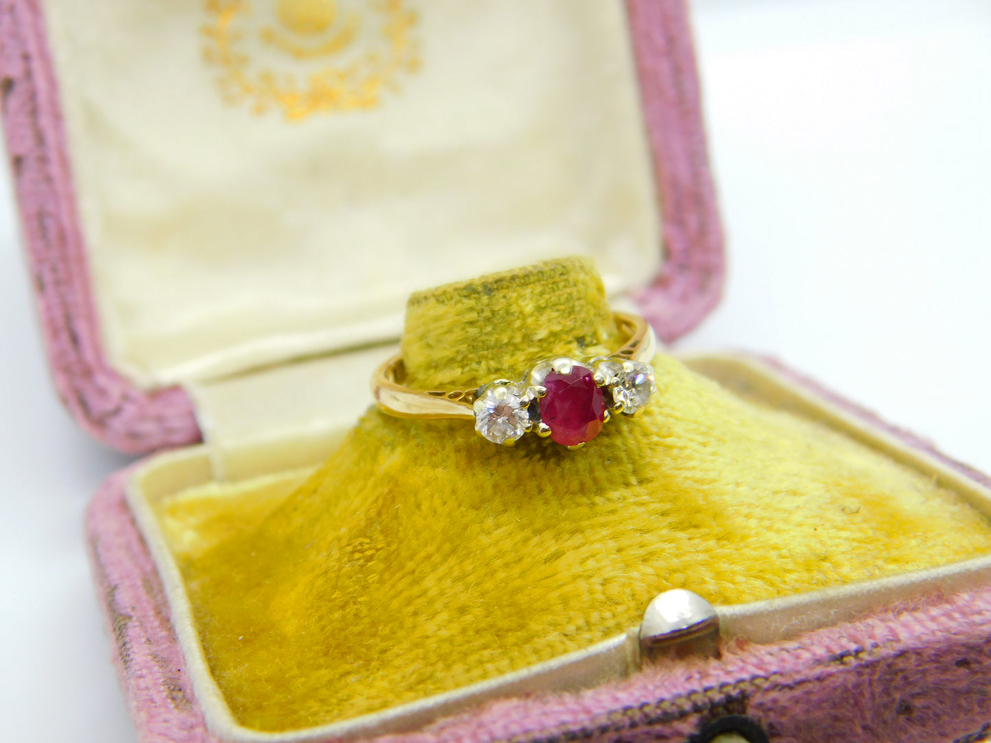 9ct Yellow Gold, Ruby & 0.2ct Diamond Band Ring 1987 London Vintage