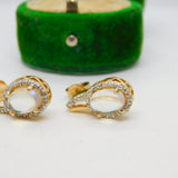 14ct Yellow Gold, Cabochon Moonstone & Diamond Stud Earrings Vintage c1980