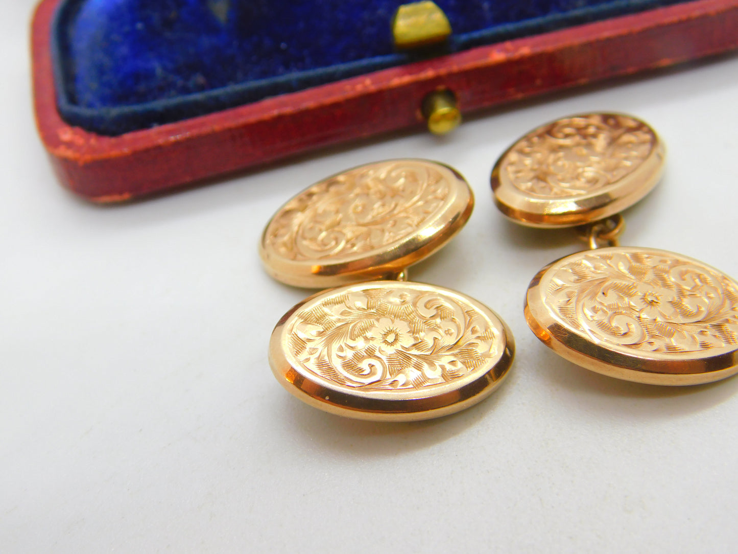 Edwardian 9ct Rose Gold Floral Pattern Gents Cufflinks 1902 Chester Antique