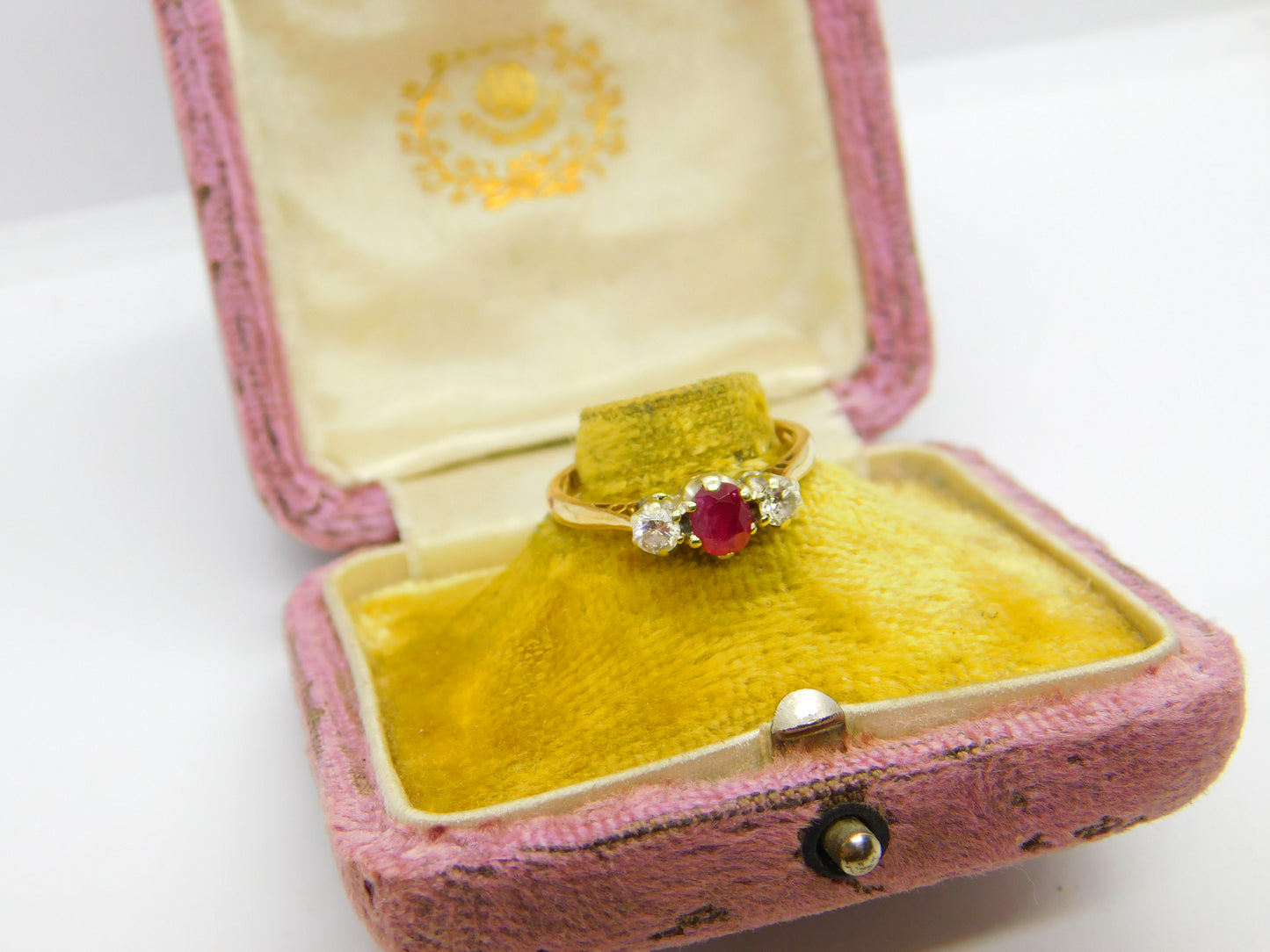 9ct Yellow Gold, Ruby & 0.2ct Diamond Band Ring 1987 London Vintage