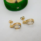 14ct Yellow Gold, Cabochon Moonstone & Diamond Stud Earrings Vintage c1980