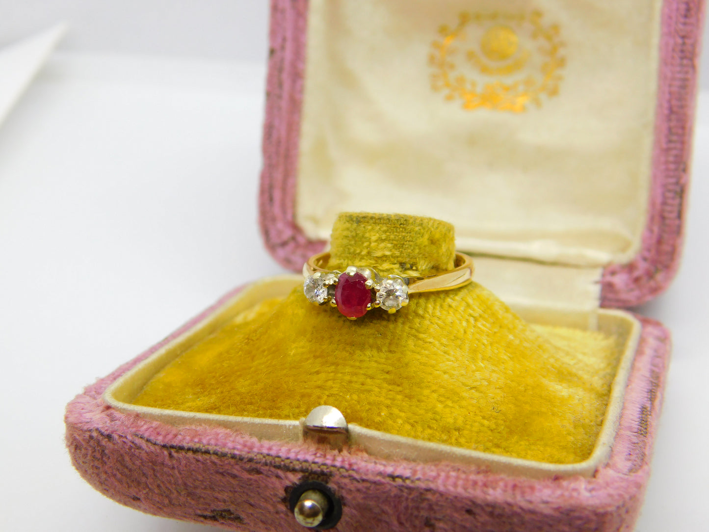 9ct Yellow Gold, Ruby & 0.2ct Diamond Band Ring 1987 London Vintage