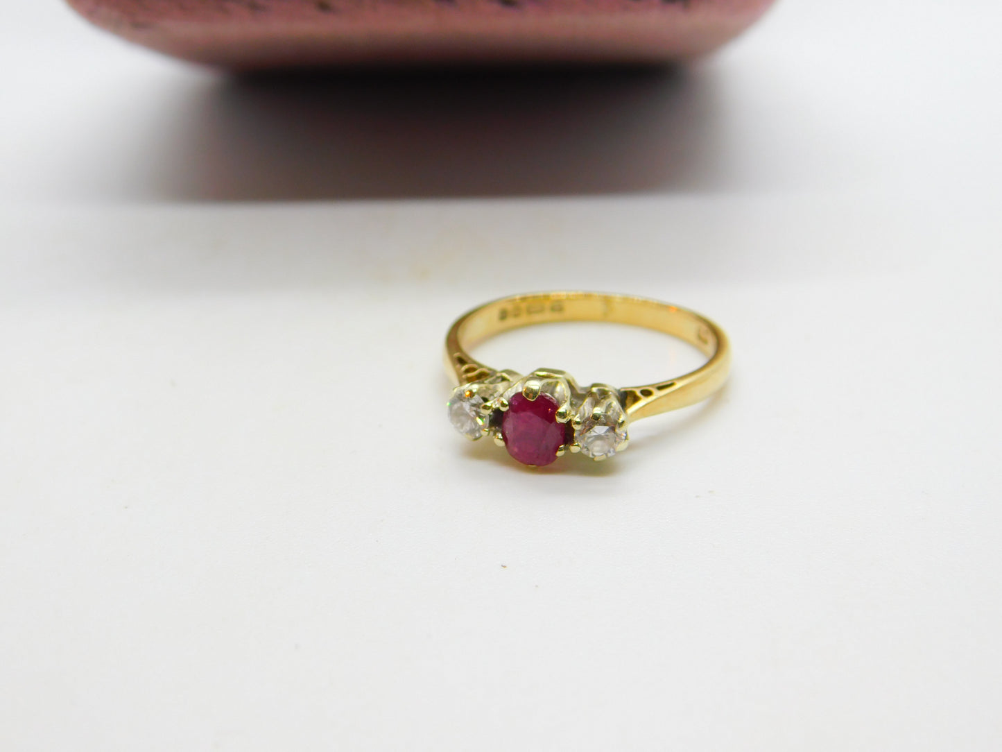 9ct Yellow Gold, Ruby & 0.2ct Diamond Band Ring 1987 London Vintage