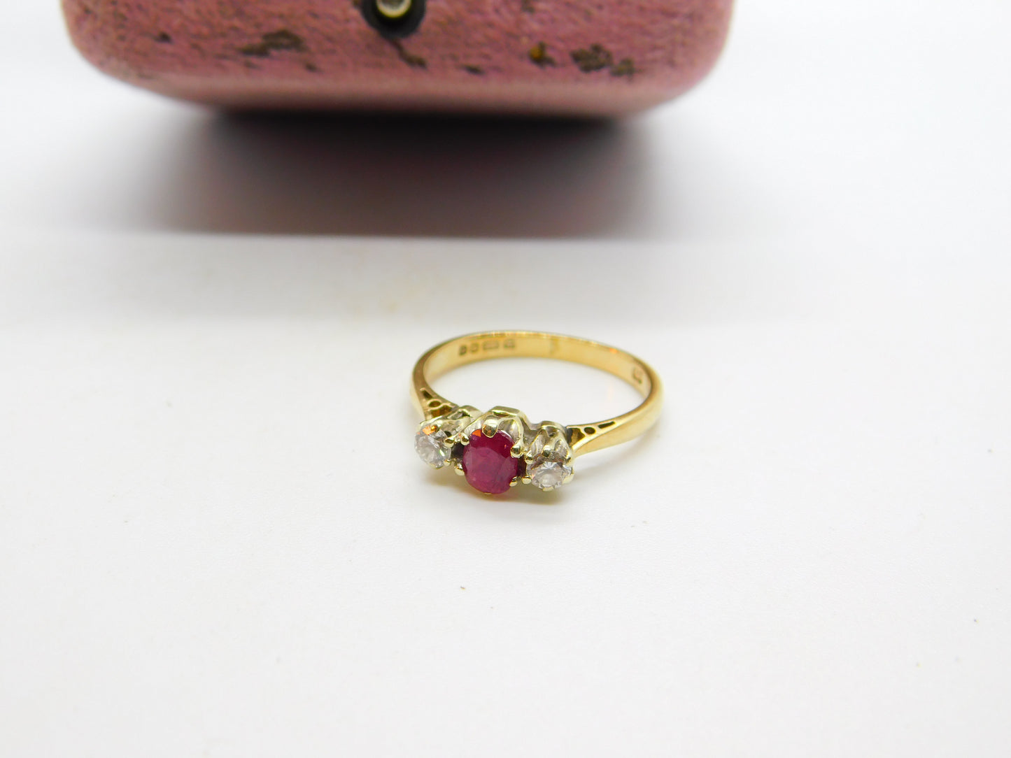 9ct Yellow Gold, Ruby & 0.2ct Diamond Band Ring 1987 London Vintage