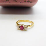 9ct Yellow Gold, Ruby & 0.2ct Diamond Band Ring 1987 London Vintage
