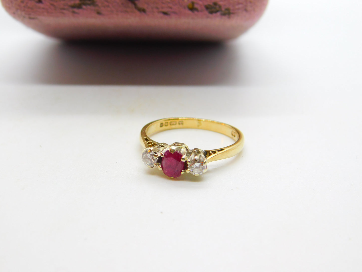 9ct Yellow Gold, Ruby & 0.2ct Diamond Band Ring 1987 London Vintage