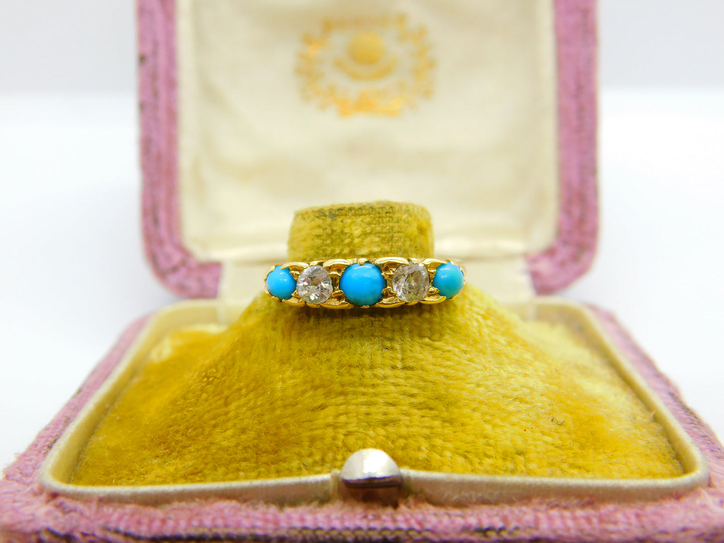 18ct Yellow Gold, Turquoise & 0.4ct Diamond Boat Ring 1913 London Antique