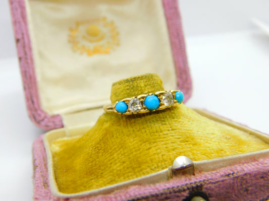 18ct Yellow Gold, Turquoise & 0.4ct Diamond Boat Ring 1913 London Antique