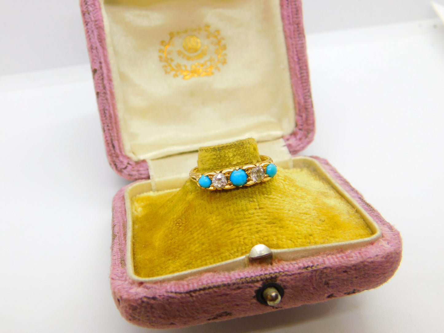 18ct Yellow Gold, Turquoise & 0.4ct Diamond Boat Ring 1913 London Antique