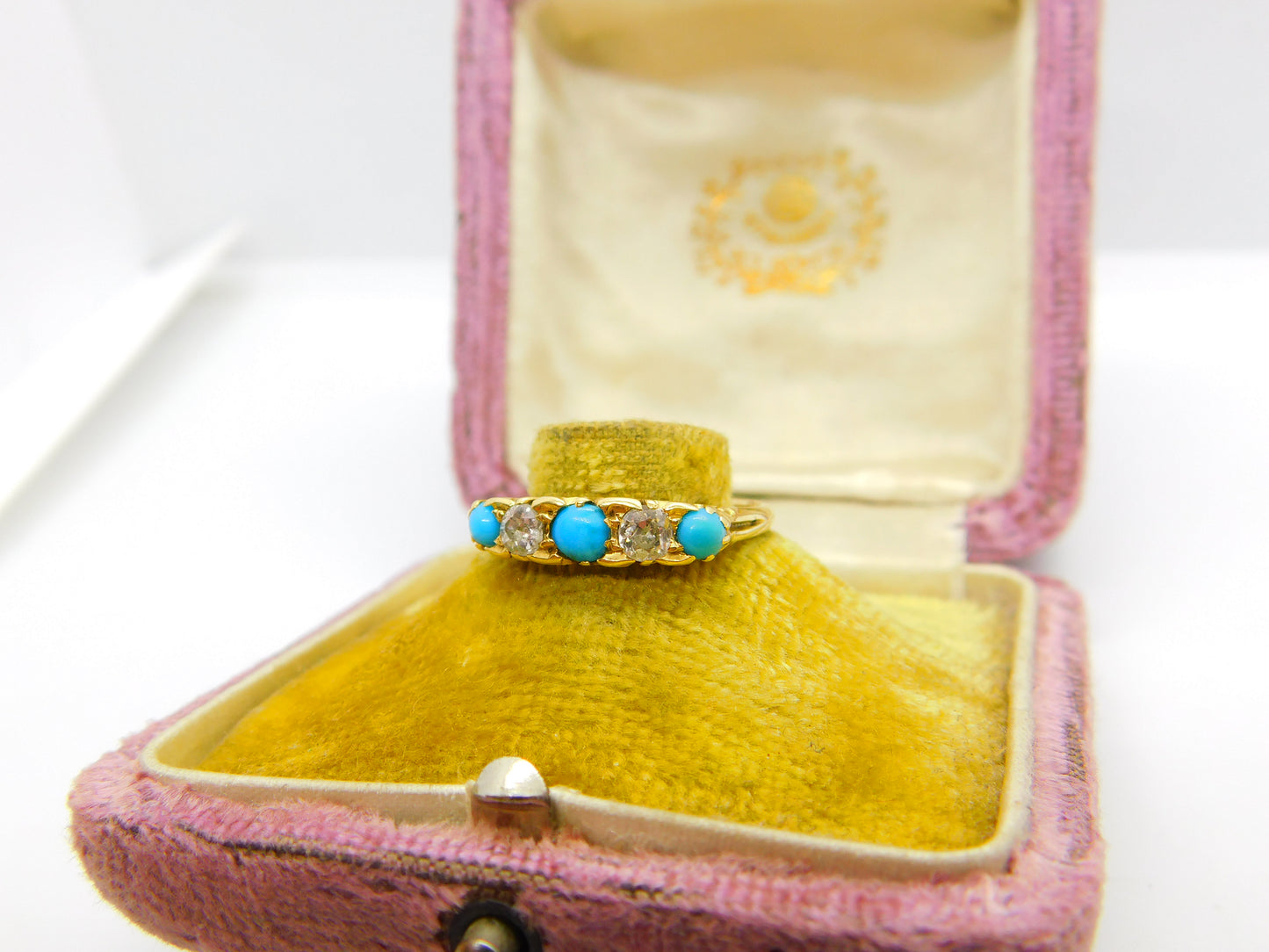 18ct Yellow Gold, Turquoise & 0.4ct Diamond Boat Ring 1913 London Antique