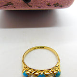 18ct Yellow Gold, Turquoise & 0.4ct Diamond Boat Ring 1913 London Antique
