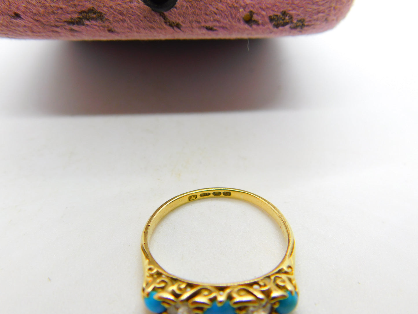 18ct Yellow Gold, Turquoise & 0.4ct Diamond Boat Ring 1913 London Antique