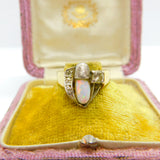 18ct Gold, Platinum, Palladium Set Cabochon Opal & Diamond Dress Ring Antique