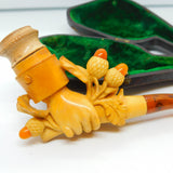 Victorian Meerschaum Block Amber Hand Holding Acorns Novelty Pipe Antique c1860