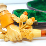 Victorian Meerschaum Block Amber Hand Holding Acorns Novelty Pipe Antique c1860