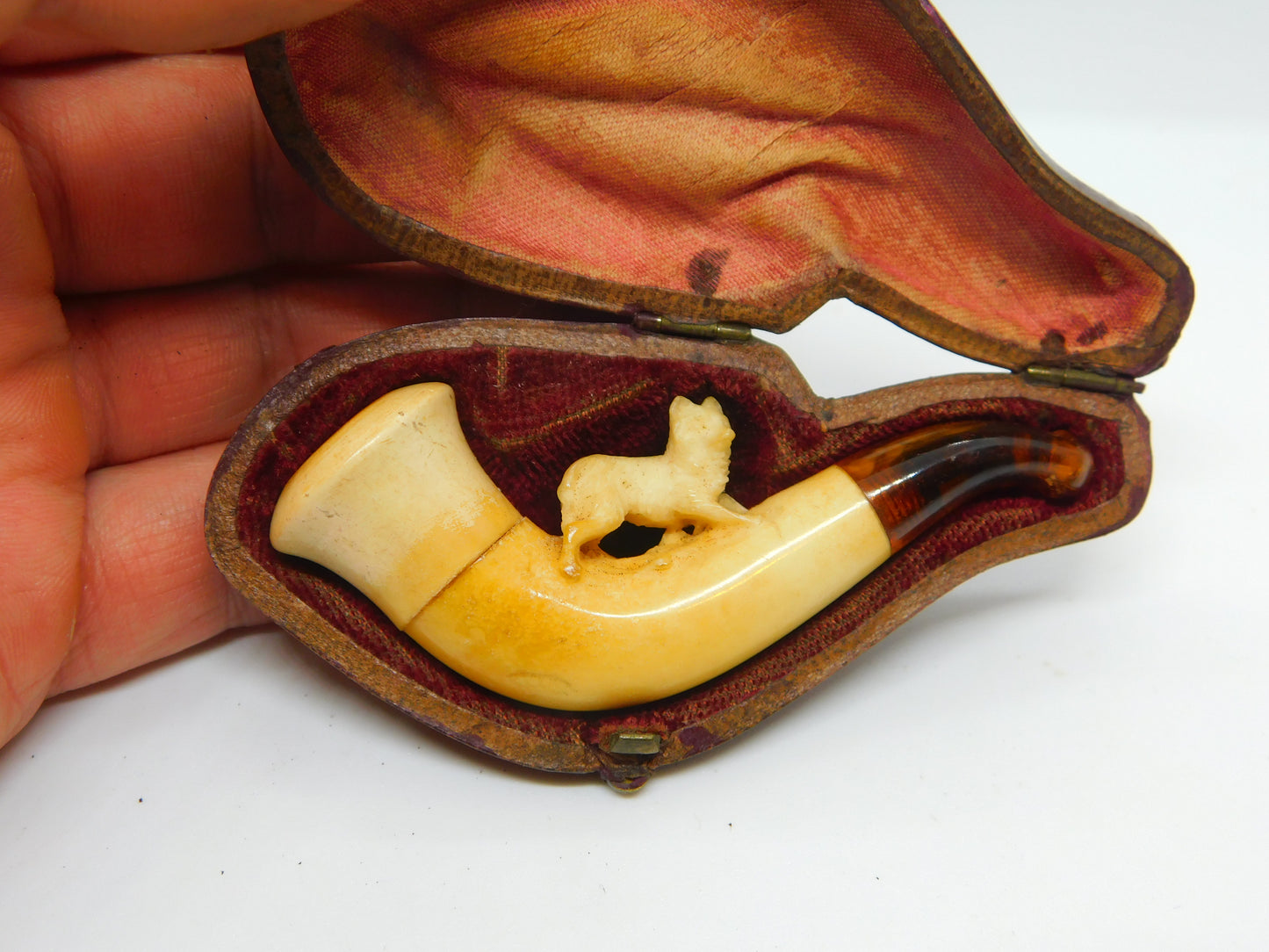 Victorian Cased Meerschaum Block Amber Novelty Fox Pipe Antique c1860